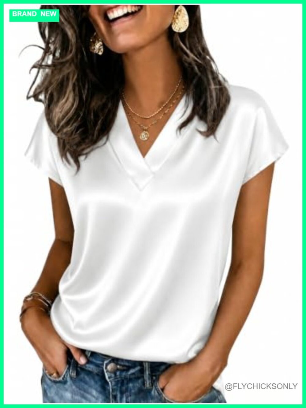 Satin Silky Cap Short Sleeve V-Neck Blouse Loose Fit Dressy Casual Top